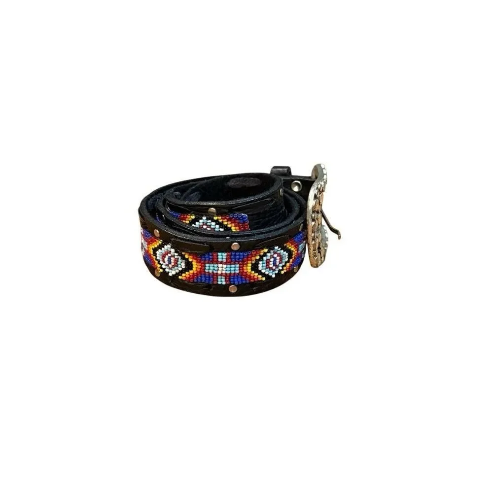 Leather Beaded Belt Black South Western Cowboy Rodeo